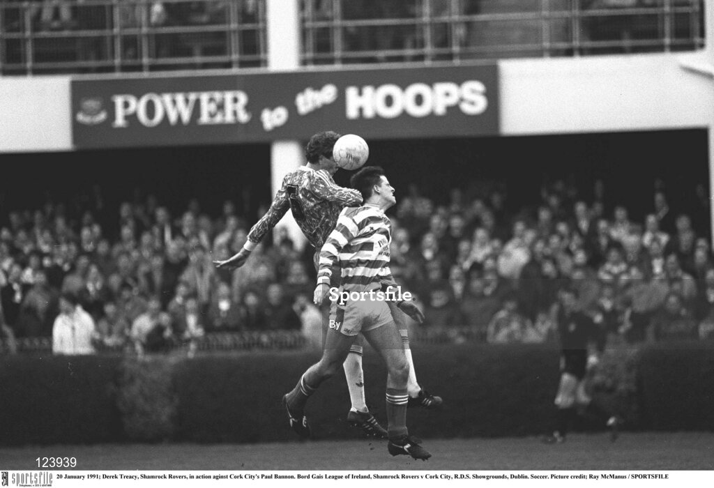 20 January 1991; Derek Treacy, Shamrock Rovers, in action against Cork City's Paul Bannon. Bord Gais League of Ireland, Shamrock Rovers v Cork City, R.D.S. Showgrounds, Dublin. Soccer. Picture credit; Ray McManus / SPORTSFILE