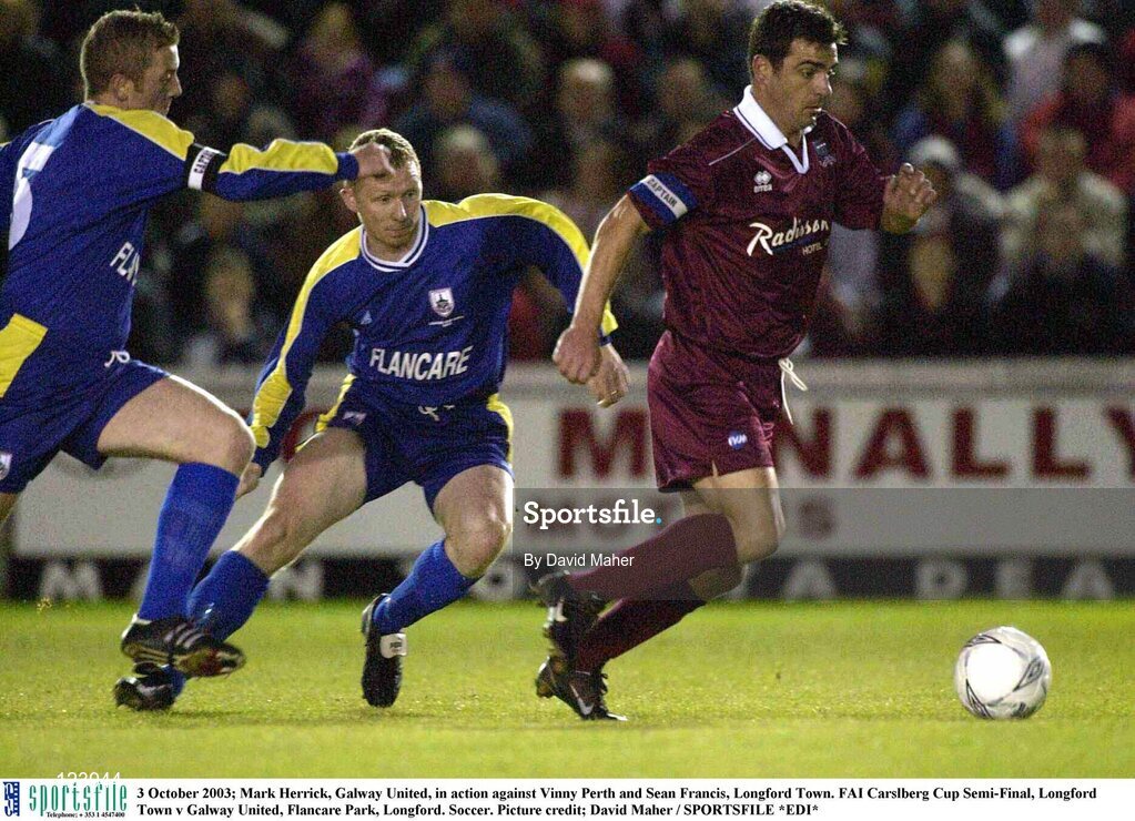 3 October 2003; Mark Herrick, Galway United, in action against Vinny Perth and Sean Francis, Longford Town. FAI Carlsberg Cup Semi-Final, Longford Town v Galway United, Flancare Park, Longford. Soccer. Picture credit; David Maher / SPORTSFILE *EDI*