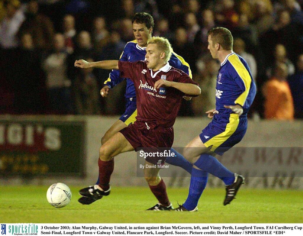 3 October 2003; Alan Murphy, Galway United, in action against Brian McGovern, left, and Vinny Perth, Longford Town. FAI Carlsberg Cup Semi-Final, Longford Town v Galway United, Flancare Park, Longford. Soccer. Picture credit; David Maher / SPORTSFILE *EDI*