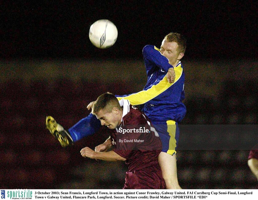 3 October 2003; Sean Francis, Longford Town, in action against Conor Frawley, Galway United. FAI Carlsberg Cup Semi-Final, Longford Town v Galway United, Flancare Park, Longford. Soccer. Picture credit; David Maher / SPORTSFILE *EDI*