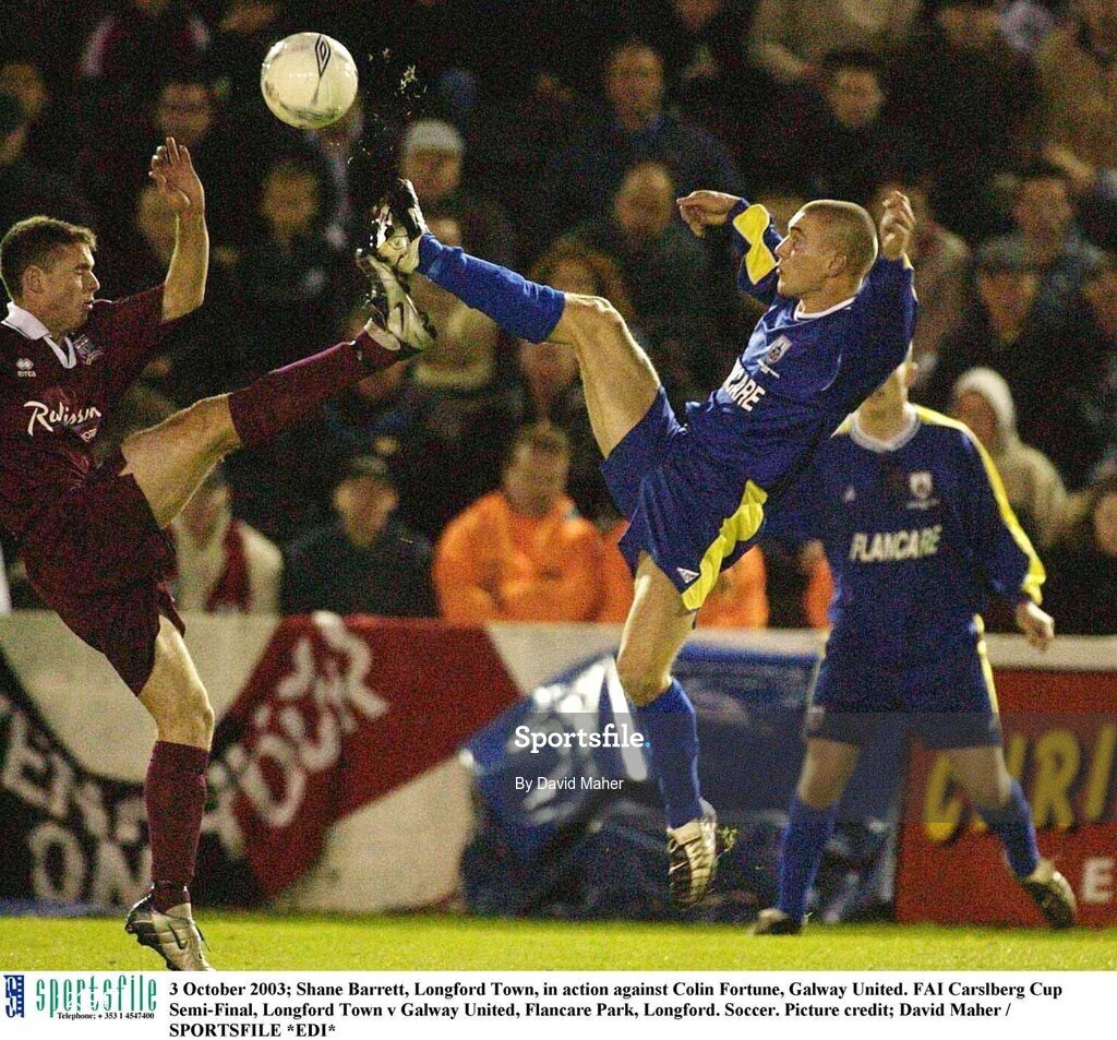 3 October 2003; Shane Barrett, Longford Town, in action against Colin Fortune, Galway United. FAI Carlsberg Cup Semi-Final, Longford Town v Galway United, Flancare Park, Longford. Soccer. Picture credit; David Maher / SPORTSFILE *EDI*