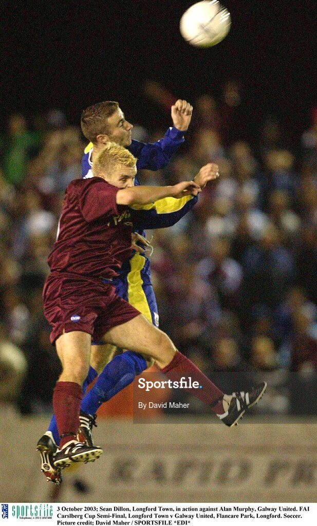 3 October 2003; Sean Dillon, Longford Town, in action against Alan Murphy, Galway United. FAI Carlsberg Cup Semi-Final, Longford Town v Galway United, Flancare Park, Longford. Soccer. Picture credit; David Maher / SPORTSFILE *EDI*