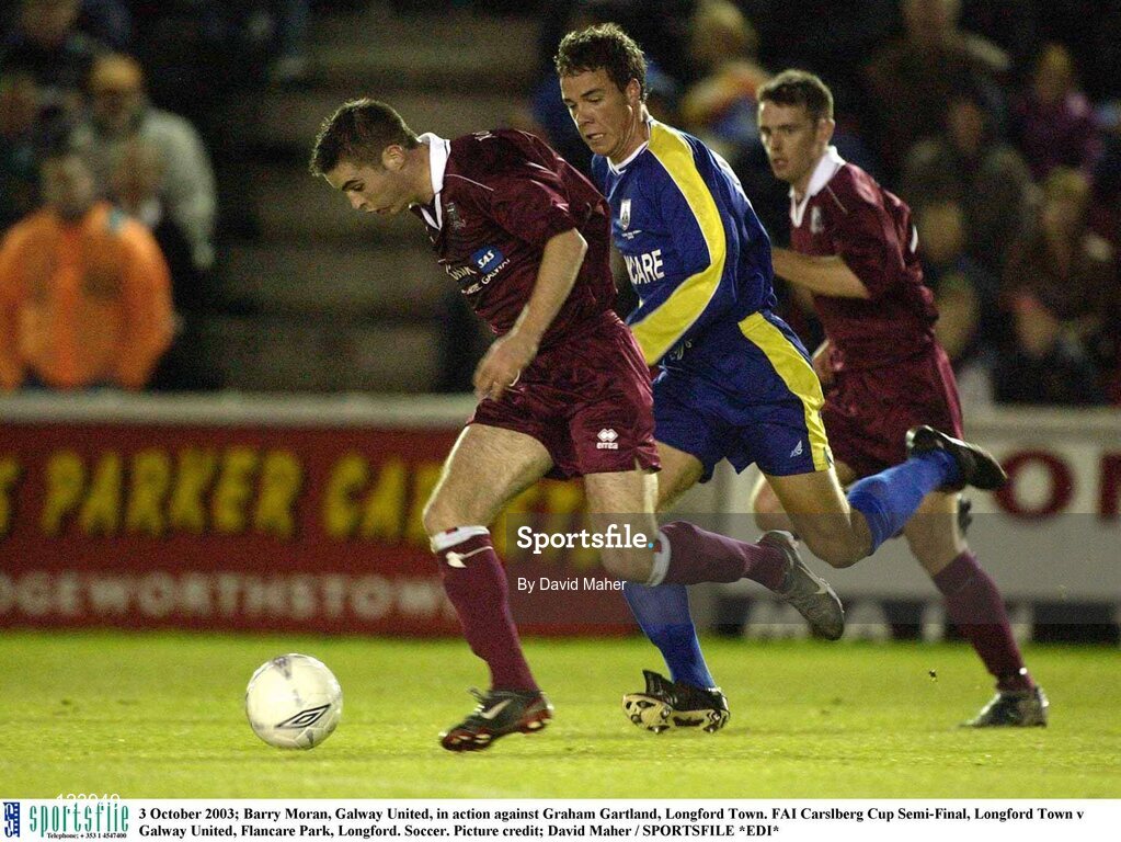 3 October 2003; Barry Moran, Galway United, in action against Graham Gartland, Longford Town. FAI Carlsberg Cup Semi-Final, Longford Town v Galway United, Flancare Park, Longford. Soccer. Picture credit; David Maher / SPORTSFILE *EDI*
