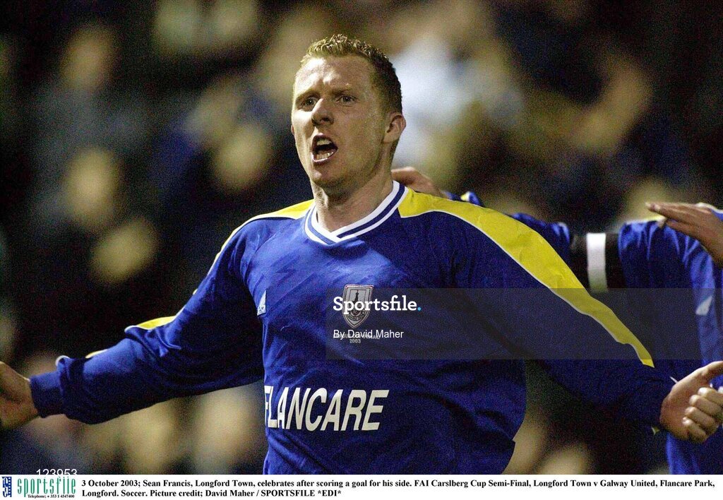 3 October 2003; Sean Francis, Longford Town, celebrates after scoring a goal for his side. FAI Carlsberg Cup Semi-Final, Longford Town v Galway United, Flancare Park, Longford. Soccer. Picture credit; David Maher / SPORTSFILE *EDI*