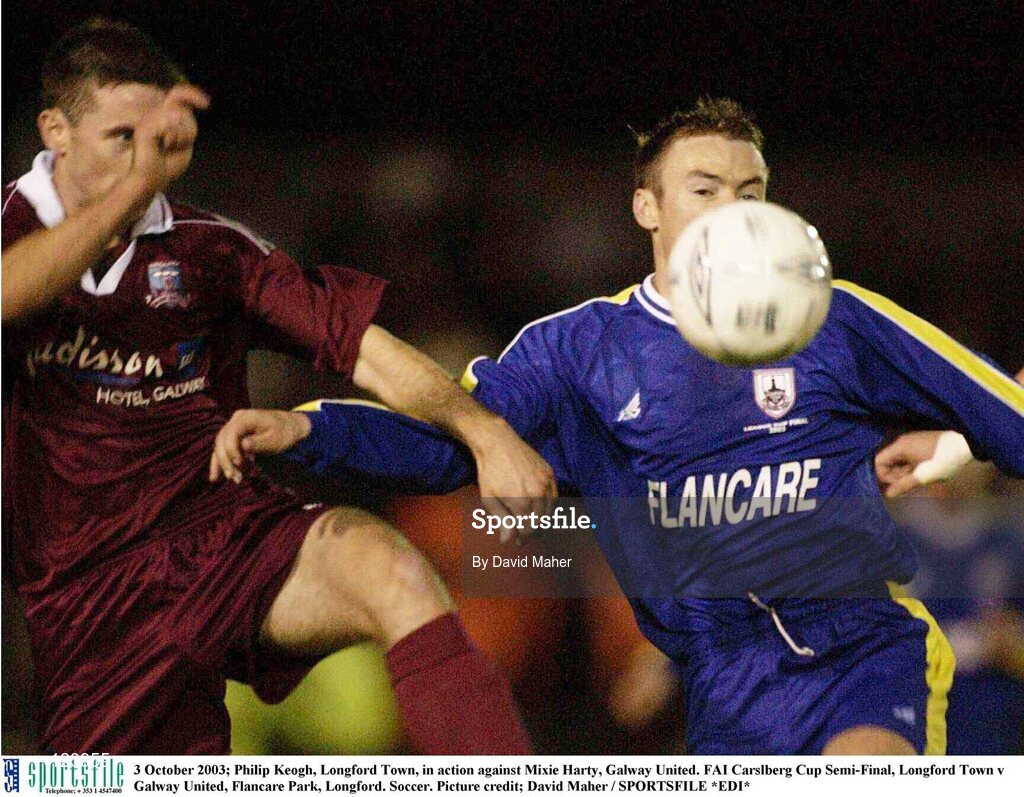 3 October 2003; Philip Keogh, Longford Town, in action against Mixie Harty, Galway United. FAI Carlsberg Cup Semi-Final, Longford Town v Galway United, Flancare Park, Longford. Soccer. Picture credit; David Maher / SPORTSFILE *EDI*