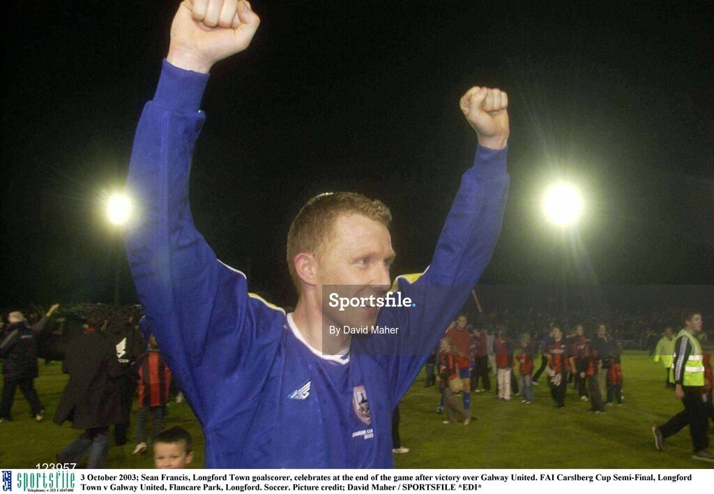 3 October 2003; Sean Francis, Longford Town goalscorer, celebrates at the end of the game after victory over Galway United. FAI Carlsberg Cup Semi-Final, Longford Town v Galway United, Flancare Park, Longford. Soccer. Picture credit; David Maher / SPORTSFILE *EDI*