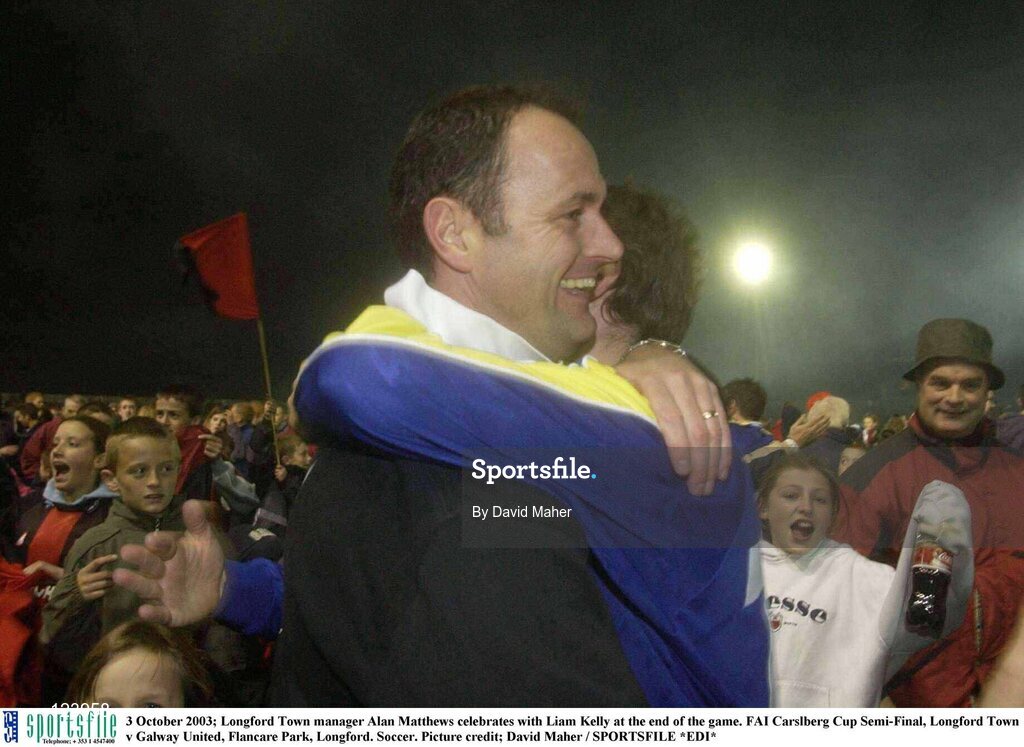 3 October 2003; Longford Town manager Alan Mathews celebrates with Liam Kelly at the end of the game. FAI Carlsberg Cup Semi-Final, Longford Town v Galway United, Flancare Park, Longford. Soccer. Picture credit; David Maher / SPORTSFILE *EDI*