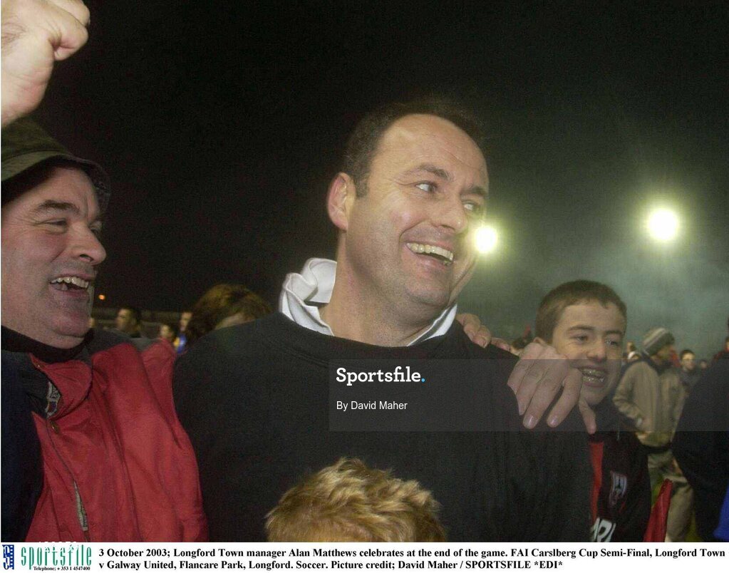 3 October 2003; Longford Town manager Alan Mathews celebrates at the end of the game. FAI Carlsberg Cup Semi-Final, Longford Town v Galway United, Flancare Park, Longford. Soccer. Picture credit; David Maher / SPORTSFILE *EDI*