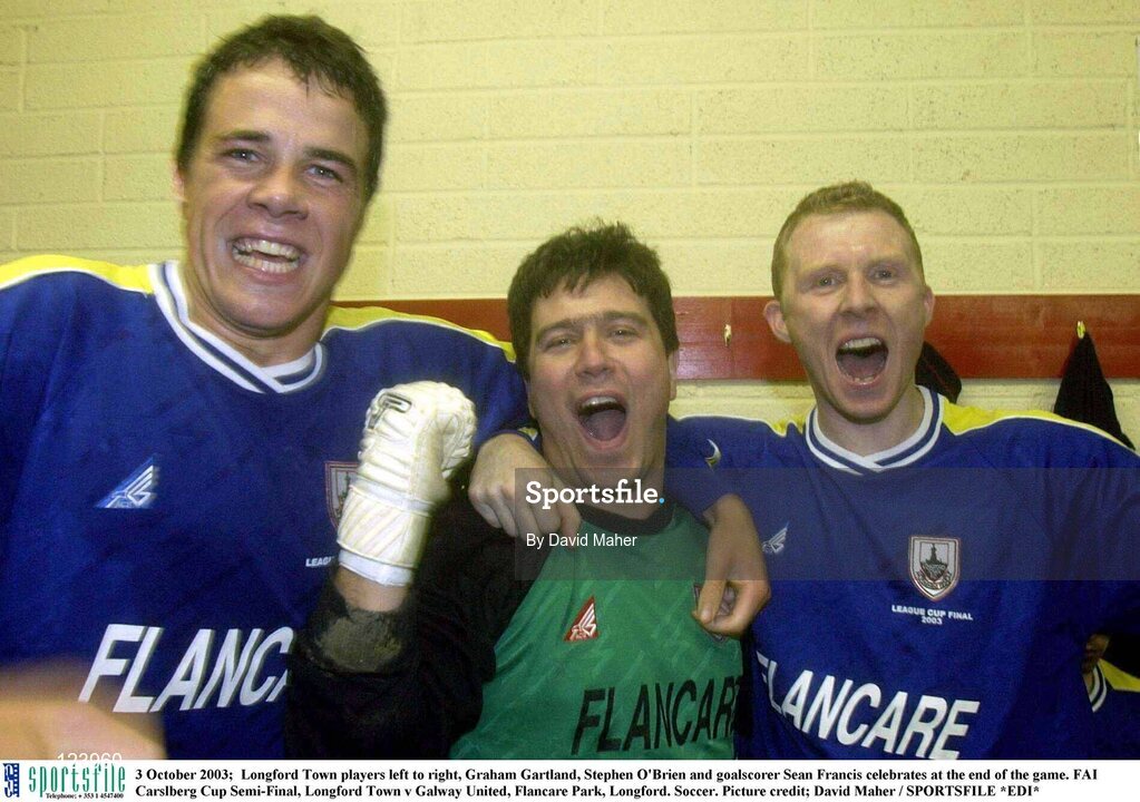 3 October 2003;  Longford Town players left to right, Graham Gartland, Stephen O'Brien and goalscorer Sean Francis celebrates at the end of the game. FAI Carlsberg Cup Semi-Final, Longford Town v Galway United, Flancare Park, Longford. Soccer. Picture credit; David Maher / SPORTSFILE *EDI*