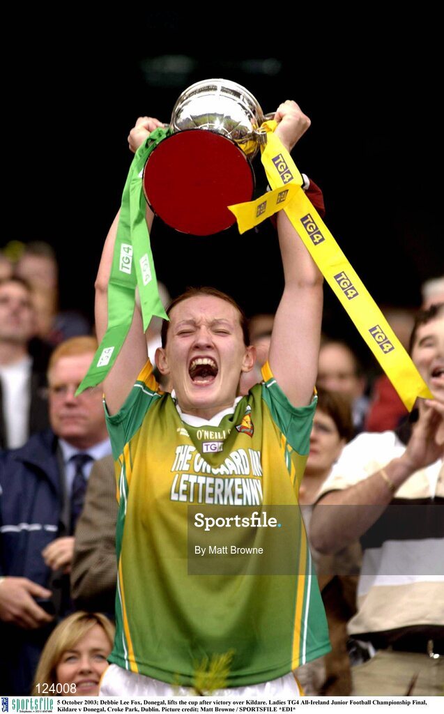 5 October 2003; Debbie Lee Fox, Donegal, lifts the cup after victory over Kildare. Ladies TG4 All-Ireland Junior Football Championship Final, Kildare v Donegal, Croke Park, Dublin. Picture credit; Matt Browne / SPORTSFILE *EDI*