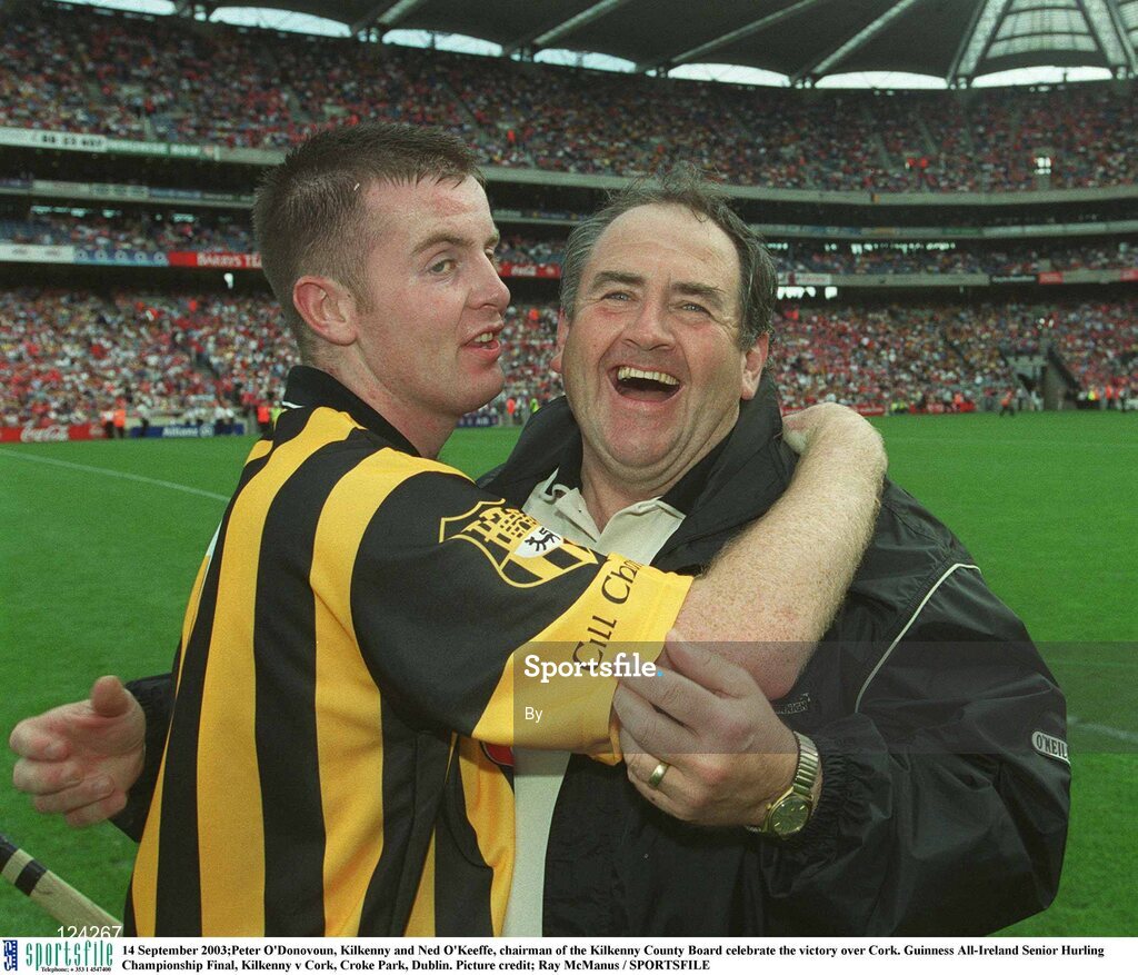 14 September 2003;Peter O'Donovoun, Kilkenny and Ned O'Keeffe, chairman of the Kilkenny County Board celebrate the victory over Cork. Guinness All-Ireland Senior Hurling Championship Final, Kilkenny v Cork, Croke Park, Dublin. Picture credit; Ray McManus / SPORTSFILE
