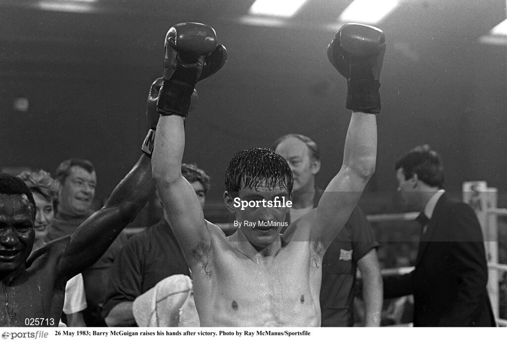 26 May 1983; Barry McGuigan raises his hands after victory. Photo by Ray McManus/Sportsfile
