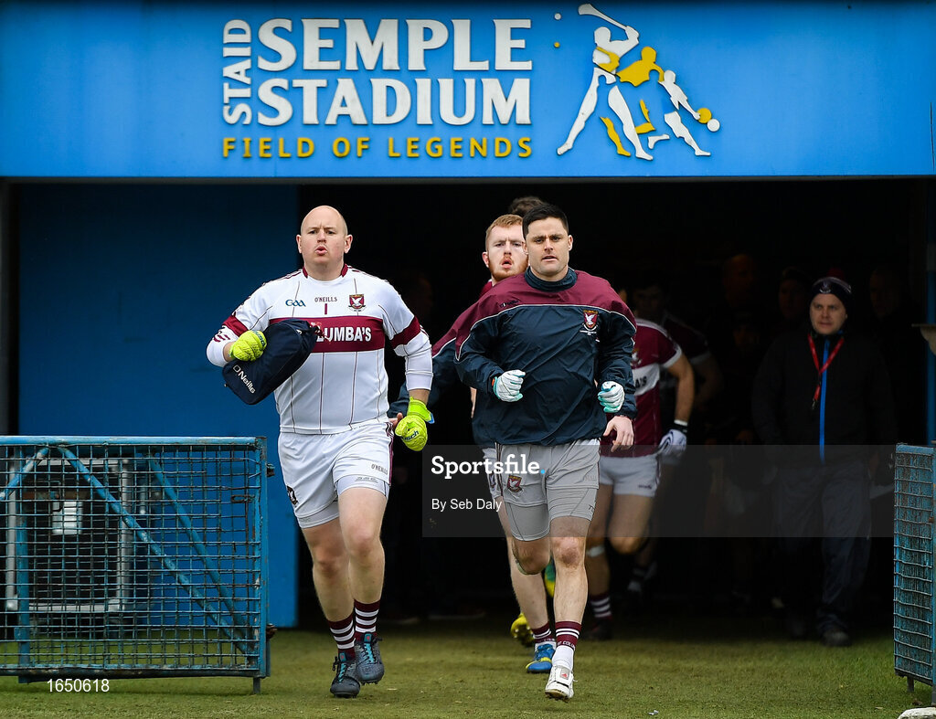 16 February 2019; Mullinalaghta St Columba’s captain Shane Mulligan, right, leads his side out prior to the AIB GAA Football All-Ireland Senior Club Championship Semi-Final match between Mullinalaghta St Columba’s and Dr Crokes at Semple Stadium in Thurles, Tipperary. Photo by Seb Daly/Sportsfile