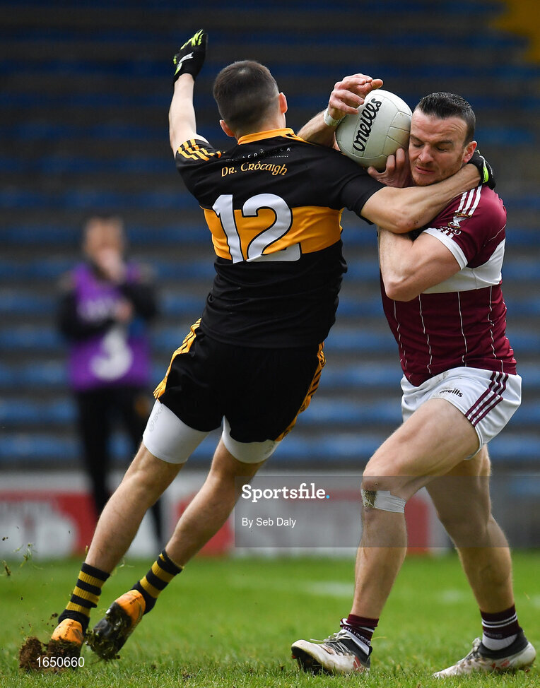 16 February 2019; Dónal McElligott of Mullinalaghta St Columba's is fouled by Brian Looney of Dr Crokes, resulting in a penalty, during the AIB GAA Football All-Ireland Senior Club Championship Semi-Final match between Mullinalaghta St Columba’s and Dr Crokes at Semple Stadium in Thurles, Tipperary. Photo by Seb Daly/Sportsfile