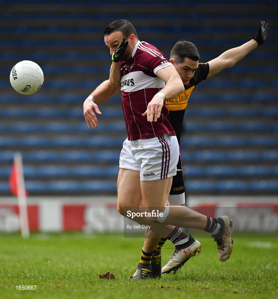 16 February 2019; Dónal McElligott of Mullinalaghta St Columba's is fouled by Brian Looney of Dr Crokes, resulting in a penalty, during the AIB GAA Football All-Ireland Senior Club Championship Semi-Final match between Mullinalaghta St Columba’s and Dr Crokes at Semple Stadium in Thurles, Tipperary. Photo by Seb Daly/Sportsfile