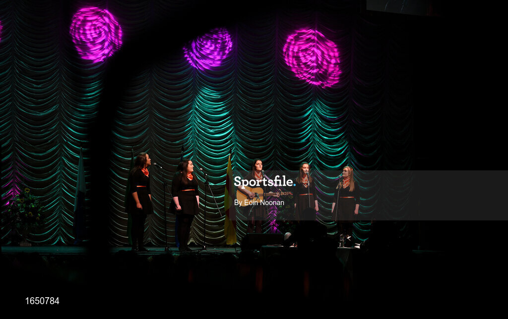 16 February 2019; Munster team from Cullen, Cork, Clodagh O Connor, Maggie Moynihan, Katie O Sullivan, Emily Nagle and Gemma Nagle competing in the Bailéad Ghrúpa catagory during the Cream of The Crop at Scór na nÓg All Ireland Finals at St Gerards De La Salle Secondary School in Castlebar, Co Mayo. Photo by Eóin Noonan/Sportsfile