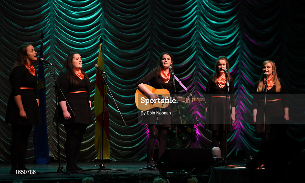 16 February 2019; Munster team from Cullen, Cork, Clodagh O Connor, Maggie Moynihan, Katie O Sullivan, Emily Nagle and Gemma Nagle competing in the Bailéad Ghrúpa catagory during the Cream of The Crop at Scór na nÓg All Ireland Finals at St Gerards De La Salle Secondary School in Castlebar, Co Mayo. Photo by Eóin Noonan/Sportsfile