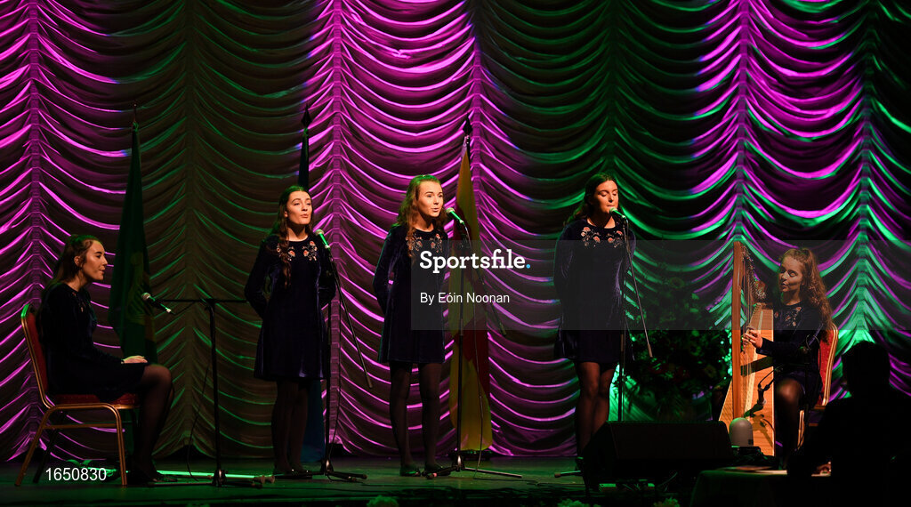 16 February 2019; Connacht team from St. Marys, Leitrim,  Ava Brogan, Roisín Noone, Elsie Harman, Eleanor Smith and Rionach Nic Conmara competing in the Bailéad Ghrúpa catagory during the Cream of The Crop at Scór na nÓg All Ireland Finals at St Gerards De La Salle Secondary School in Castlebar, Co Mayo. Photo by Eóin Noonan/Sportsfile