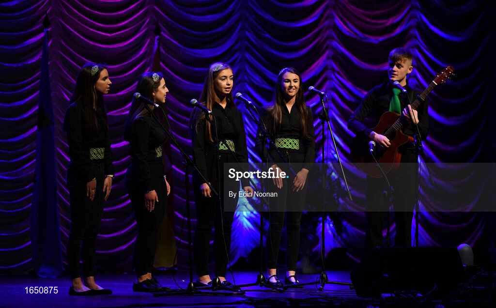 16 February 2019; Ulter team from Watty Graham’s GAC Glen, Derry, Ciarán McKenna, Cora McEldowney, Cliona Convery, Aoife Molloy and Katie McCoy competing in the Bailéad Ghrúpa catagory during the Cream of The Crop at Scór na nÓg All Ireland Finals at St Gerards De La Salle Secondary School in Castlebar, Co Mayo. Photo by Eóin Noonan/Sportsfile