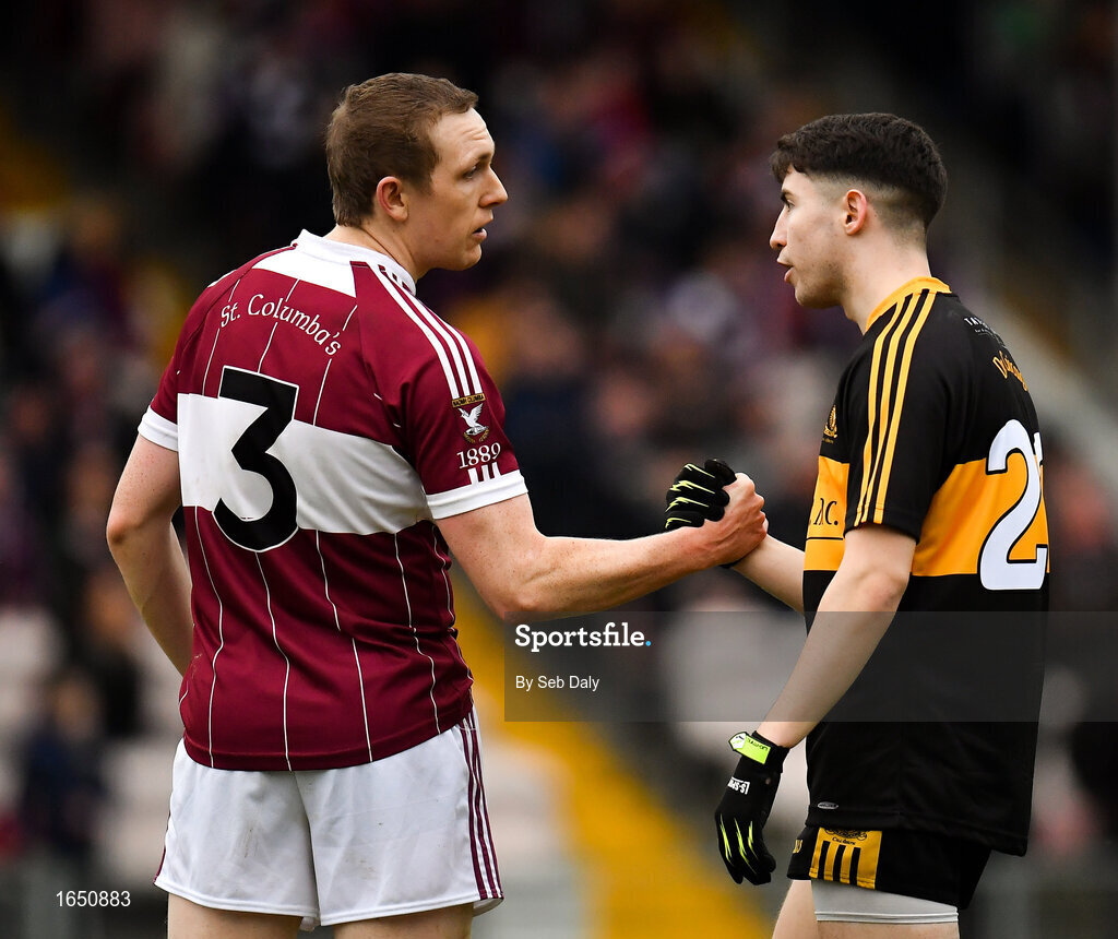 16 February 2019; Patrick Fox of Mullinalaghta St Columba's and Jordan Kiely of Dr Crokes shake hands following the AIB GAA Football All-Ireland Senior Club Championship Semi-Final match between Mullinalaghta St Columba’s and Dr Crokes at Semple Stadium in Thurles, Tipperary. Photo by Seb Daly/Sportsfile