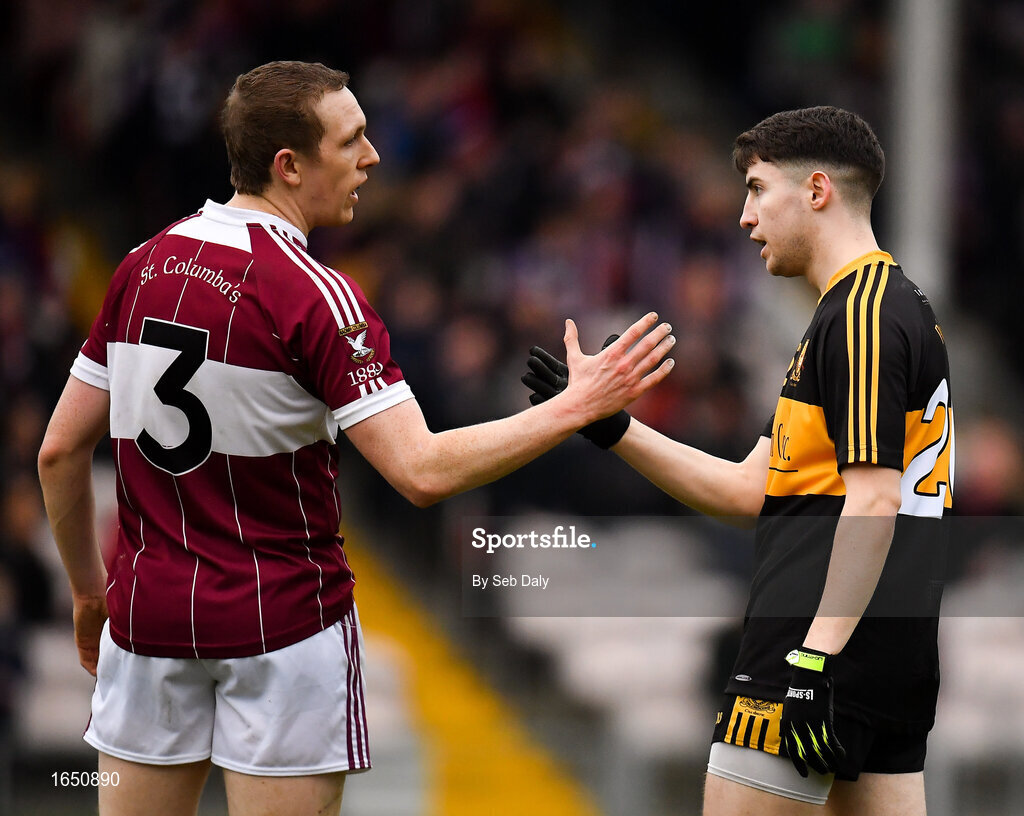 16 February 2019; Patrick Fox of Mullinalaghta St Columba's and Jordan Kiely of Dr Crokes shake hands following the AIB GAA Football All-Ireland Senior Club Championship Semi-Final match between Mullinalaghta St Columba’s and Dr Crokes at Semple Stadium in Thurles, Tipperary. Photo by Seb Daly/Sportsfile