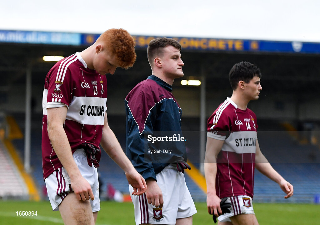 16 February 2019; Mullinalaghta St Columba’s players, from left, Jayson Matthews, Aidan Brady and Rian Brady leave the field following their side's defeat during the AIB GAA Football All-Ireland Senior Club Championship Semi-Final match between Mullinalaghta St Columba’s and Dr Crokes at Semple Stadium in Thurles, Tipperary. Photo by Seb Daly/Sportsfile