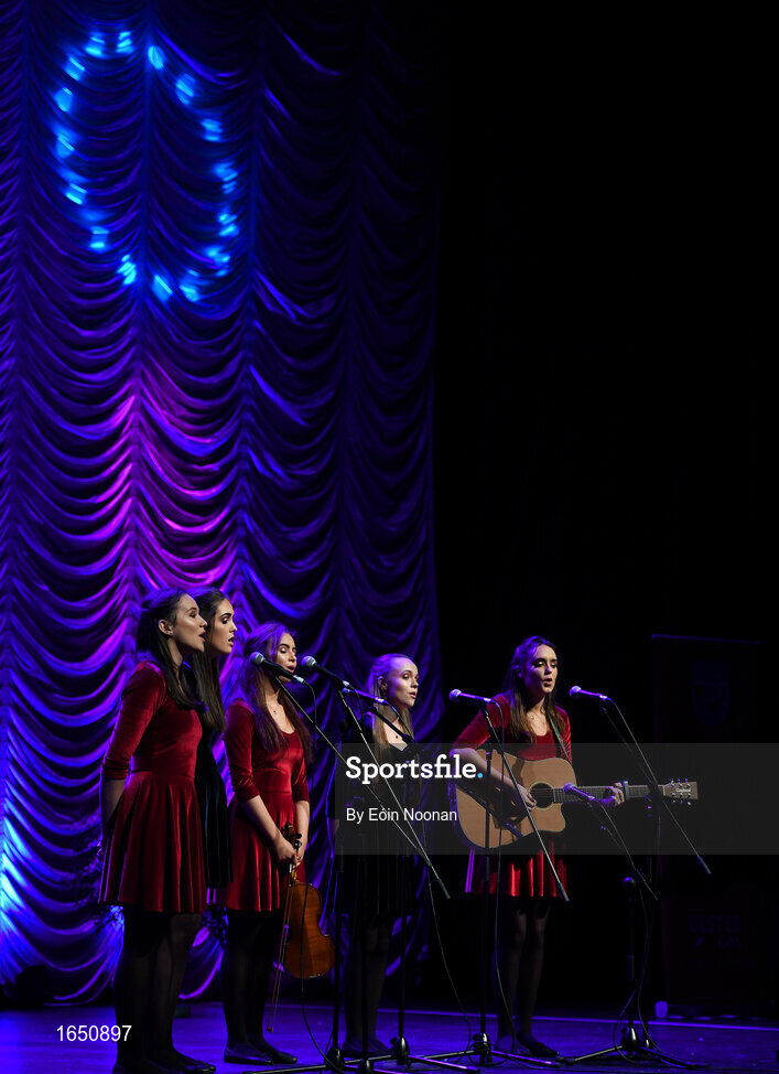 16 February 2019; Leinster team from St. Patrick's, Ardagh, Longford, Aishling Farrell, Siobhán Kilduff, Katie Lynch, Emma Thompson and Leia Nic hAnabaí competing in the Bailéad Ghrúpa catagory during the Cream of The Crop at Scór na nÓg All Ireland Finals at St Gerards De La Salle Secondary School in Castlebar, Co Mayo. Photo by Eóin Noonan/Sportsfile