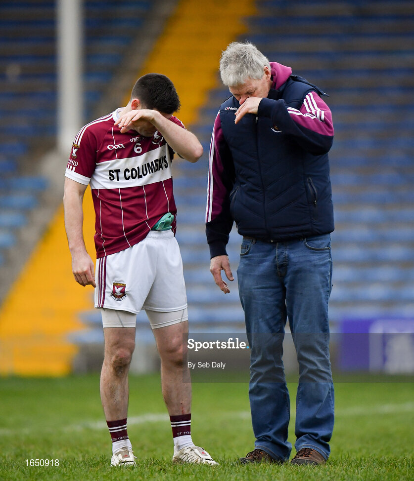 16 February 2019; Shane Mulligan of Mullinalaghta St Columba's is consoled by a supporter following his side's defeat during the AIB GAA Football All-Ireland Senior Club Championship Semi-Final match between Mullinalaghta St Columba’s and Dr Crokes at Semple Stadium in Thurles, Tipperary. Photo by Seb Daly/Sportsfile