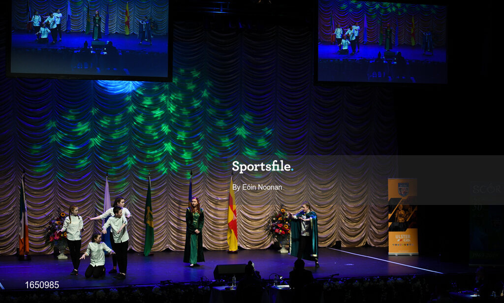 16 February 2019; Leinster team from Ardclough, Kildare, Oisin Maguire, Hannah Wiseman, Meaghan Ó Brien, Aoife Moore, Oliver Finneran, Saoirse Aherne, Martha Ryan and Tory May Finnerty competing in the Léiriú catagory during the Cream of The Crop at Scór na nÓg All Ireland Finals at St Gerards De La Salle Secondary School in Castlebar, Co Mayo. Photo by Eóin Noonan/Sportsfile