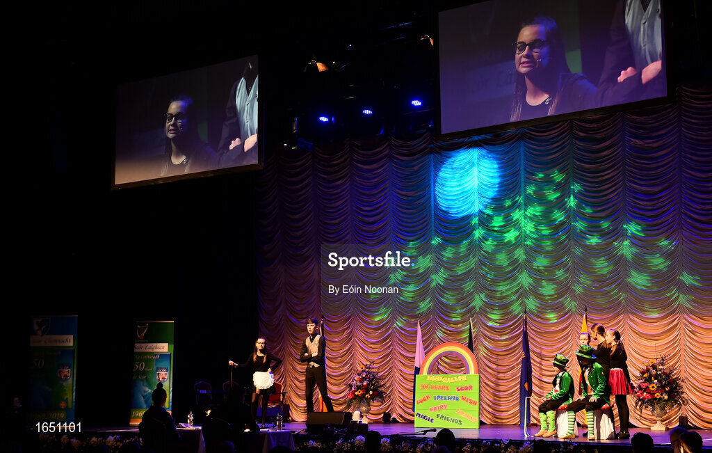 16 February 2019; Ulster team from St.Mary’s, Antrim, Daniel McCavigan, Meabh McCavigan, Zara McCavigan, Eadaoin Maginn, Una Maginn, Oisin McStravick, Paddy Joe McStravick and Ciara O’Connor competing in the Léiriú catagory during the Cream of The Crop at Scór na nÓg All Ireland Finals at St Gerards De La Salle Secondary School in Castlebar, Co Mayo. Photo by Eóin Noonan/Sportsfile