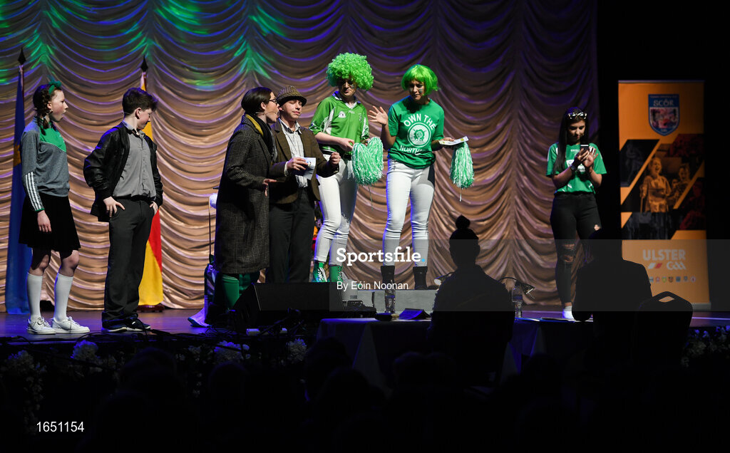 16 February 2019; Munster team from Na Gaeil, Kerry, Aoife O’Sullivan, Áine O’Sullivan, Isabelle Crowe, Emily Crowe, Joshua Roche, Dearbhla Quirke, Rory Reen and Gráinne Quirke competing in the Léiriú catagory during the Cream of The Crop at Scór na nÓg All Ireland Finals at St Gerards De La Salle Secondary School in Castlebar, Co Mayo. Photo by Eóin Noonan/Sportsfile