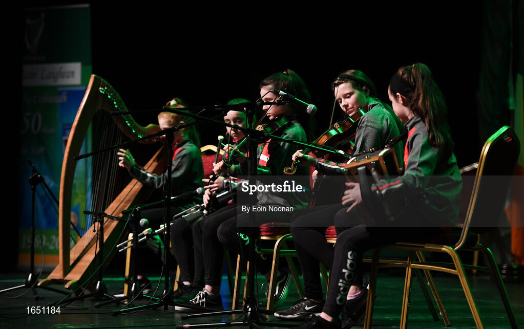 16 February 2019; Ulster team from Madden Raparees, Armagh, Cadhla Tohill, Eimear McGeary, Róise McGeary, Ríoghnach McKinney and Danu McKinney competing in the Ceol Uirlise catagory during the Cream of The Crop at Scór na nÓg All Ireland Finals at St Gerards De La Salle Secondary School in Castlebar, Co Mayo. Photo by Eóin Noonan/Sportsfile