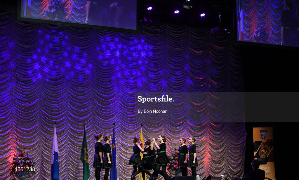 16 February 2019; Leinster team from St. Joseph's, Westmeath, Katie Kelly, Ciara Daly, Kayla McDonnell, Zara Montgomery, Caoilinn Elliffe, Sarah Conlon, Joyce Conway and Sarah McCormack  competing in the Rince Seit catagory during the Cream of The Crop at Scór na nÓg All Ireland Finals at St Gerards De La Salle Secondary School in Castlebar, Co Mayo. Photo by Eóin Noonan/Sportsfile