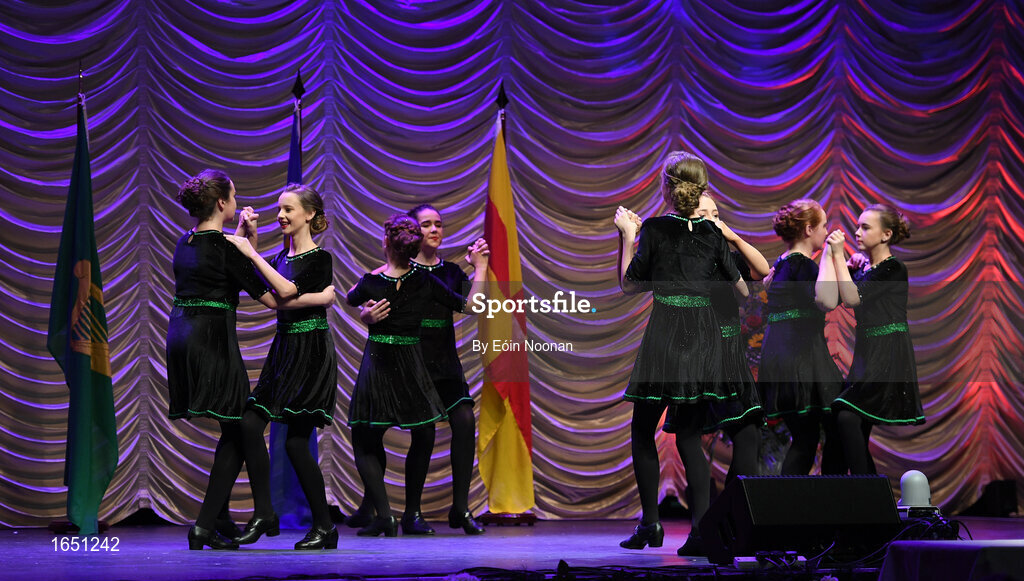 16 February 2019; Leinster team from St. Joseph's, Westmeath, Katie Kelly, Ciara Daly, Kayla McDonnell, Zara Montgomery, Caoilinn Elliffe, Sarah Conlon, Joyce Conway and Sarah McCormack  competing in the Rince Seit catagory during the Cream of The Crop at Scór na nÓg All Ireland Finals at St Gerards De La Salle Secondary School in Castlebar, Co Mayo. Photo by Eóin Noonan/Sportsfile