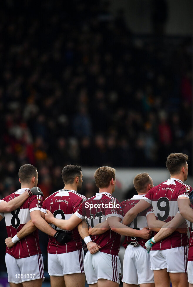 16 February 2019; Mullinalaghta St Columba’s players during the national anthem prior to the AIB GAA Football All-Ireland Senior Club Championship Semi-Final match between Mullinalaghta St Columba’s and Dr Crokes at Semple Stadium in Thurles, Tipperary. Photo by Seb Daly/Sportsfile