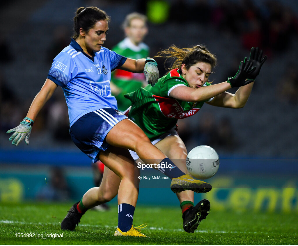 23 February 2019; Hannah ONeill of Dublin  in action against Róisín Flynn of Mayo  during the Lidl Ladies NFL Division 1 Round 3 match between Dublin and Mayo at Croke Park in Dublin. Photo by Ray McManus/Sportsfile