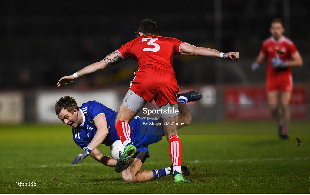 23 February 2019; Jack McCarron of Monaghan in action against Ronan McNamee of Tyrone during the Allianz Football League Division 1 Round 4 match between Tyrone and Monaghan at Healy Park in Omagh, Co Tyrone. Photo by Stephen McCarthy/Sportsfile