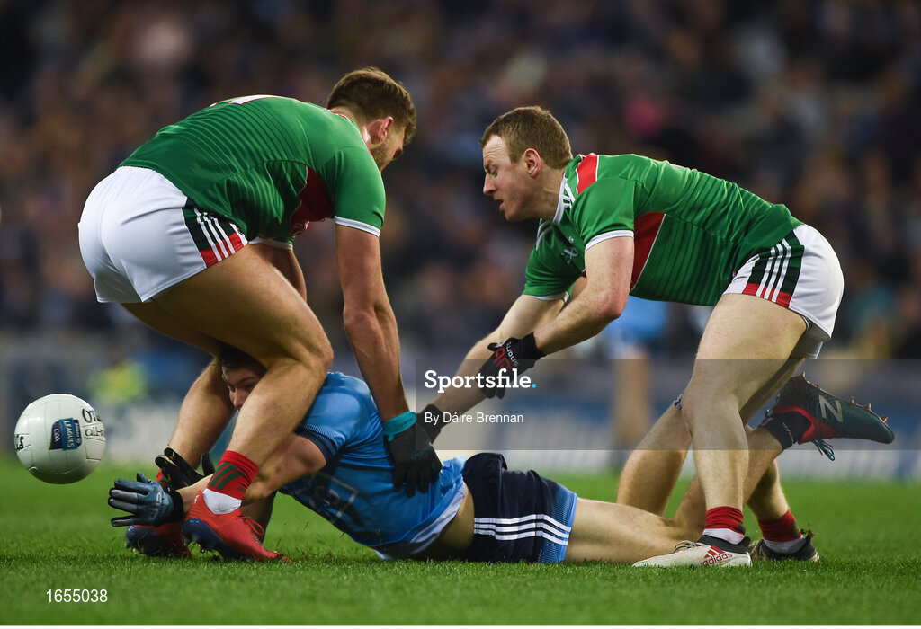 23 February 2019; Con OCallaghan of Dublin in action against Aidan O'Shea, left, and Colm Boyle of Mayo during the Allianz Football League Division 1 Round 4 match between Dublin and Mayo at Croke Park in Dublin. Photo by Daire Brennan/Sportsfile