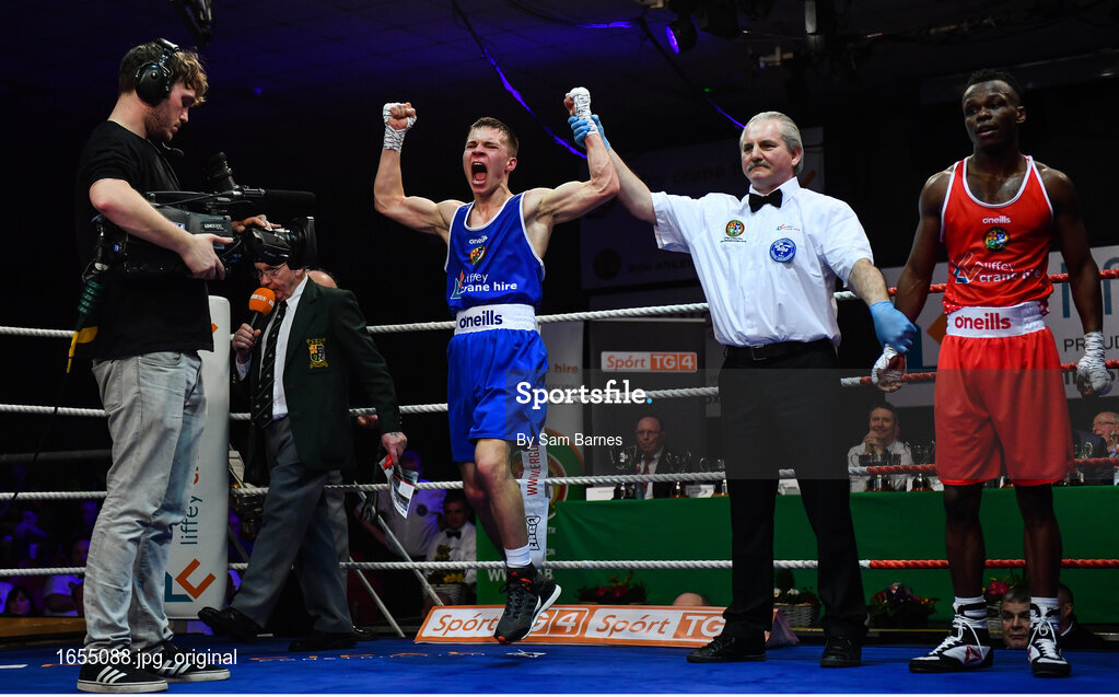 23 February 2019; Patryk Adamus, right, celebrates after being announced as winner against Christian Cekiso following their 57kg bout at the 2019 National Elite Mens & Womens Boxing Championships Finals at the National Stadium in Dublin. Photo by Sam Barnes/Sportsfile