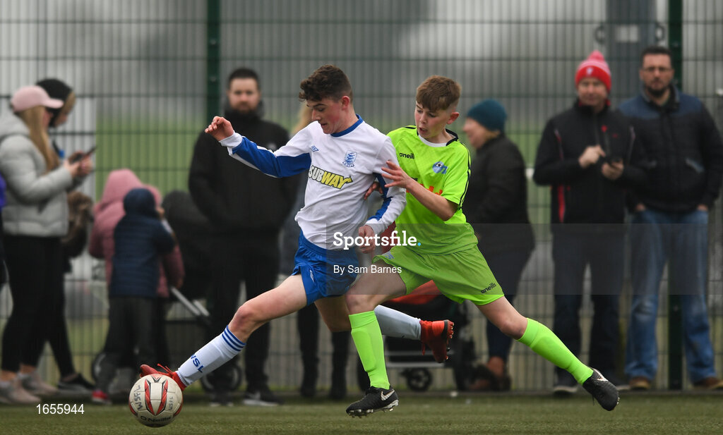 24 February 2019; Action during the U15 SFAI SUBWAY Championship Final match between DDSL and Waterford SL at Mullingar Athletic FC in Gainestown, Mullingar, Co. Westmeath. Photo by Sam Barnes/Sportsfile