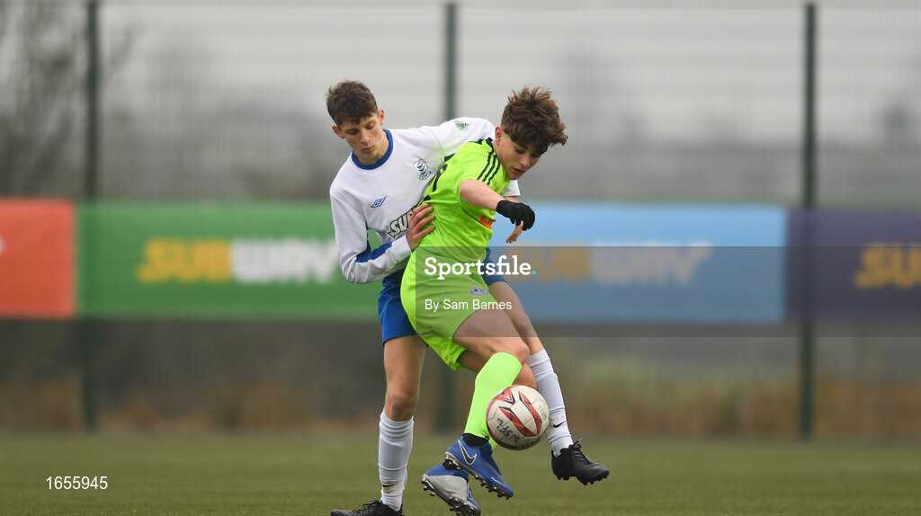 24 February 2019; Kevin Zefi of DDSL in action against Matas Grinius of Waterford SL during the U15 SFAI SUBWAY Championship Final match between DDSL and Waterford SL at Mullingar Athletic FC in Gainestown, Mullingar, Co. Westmeath. Photo by Sam Barnes/Sportsfile
