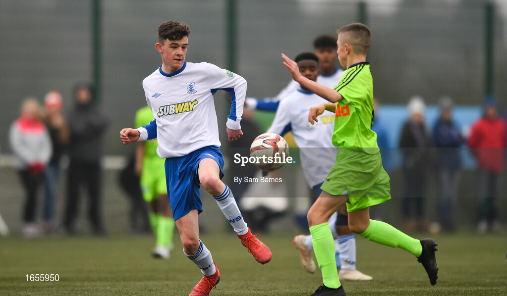24 February 2019; Action during the U15 SFAI SUBWAY Championship Final match between DDSL and Waterford SL at Mullingar Athletic FC in Gainestown, Mullingar, Co. Westmeath. Photo by Sam Barnes/Sportsfile