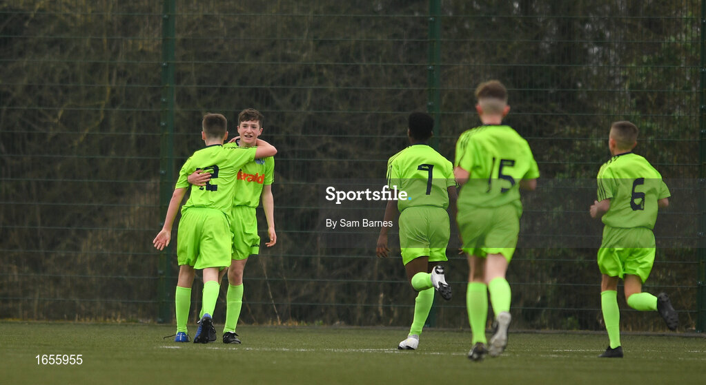 24 February 2019; DDSL players celebrate their first goal during the U15 SFAI SUBWAY Championship Final match between DDSL and Waterford SL at Mullingar Athletic FC in Gainestown, Mullingar, Co. Westmeath. Photo by Sam Barnes/Sportsfile