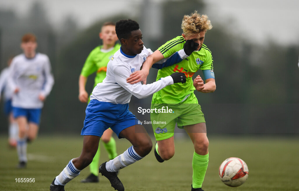 24 February 2019; Sam Curtis of DDSL in action against Mark Imron of Waterford SL during the U15 SFAI SUBWAY Championship Final match between DDSL and Waterford SL at Mullingar Athletic FC in Gainestown, Mullingar, Co. Westmeath. Photo by Sam Barnes/Sportsfile