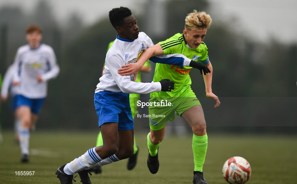 24 February 2019; Sam Curtis of DDSL in action against Mark Imron of Waterford SL during the U15 SFAI SUBWAY Championship Final match between DDSL and Waterford SL at Mullingar Athletic FC in Gainestown, Mullingar, Co. Westmeath. Photo by Sam Barnes/Sportsfile