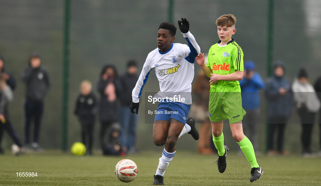 24 February 2019; Mark Imron of Waterford SL in action against Sam Pender of DDSL during the U15 SFAI SUBWAY Championship Final match between DDSL and Waterford SL at Mullingar Athletic FC in Gainestown, Mullingar, Co. Westmeath. Photo by Sam Barnes/Sportsfile