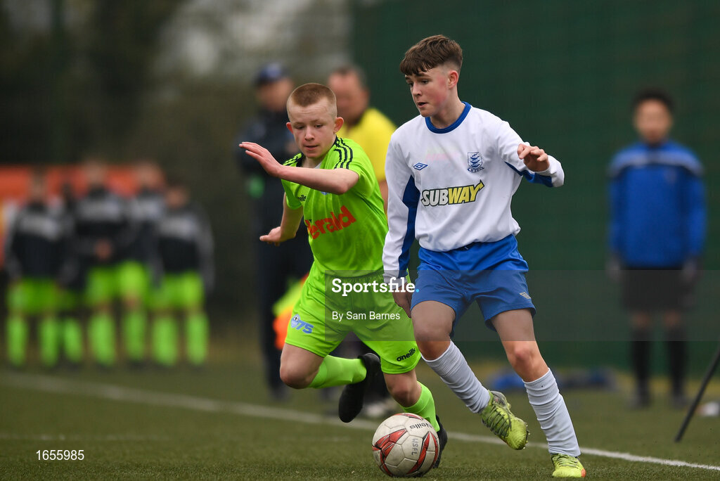 24 February 2019; Sean Hearne of Waterford SL in action against Alex Malone of DDSL during the U15 SFAI SUBWAY Championship Final match between DDSL and Waterford SL at Mullingar Athletic FC in Gainestown, Mullingar, Co. Westmeath. Photo by Sam Barnes/Sportsfile