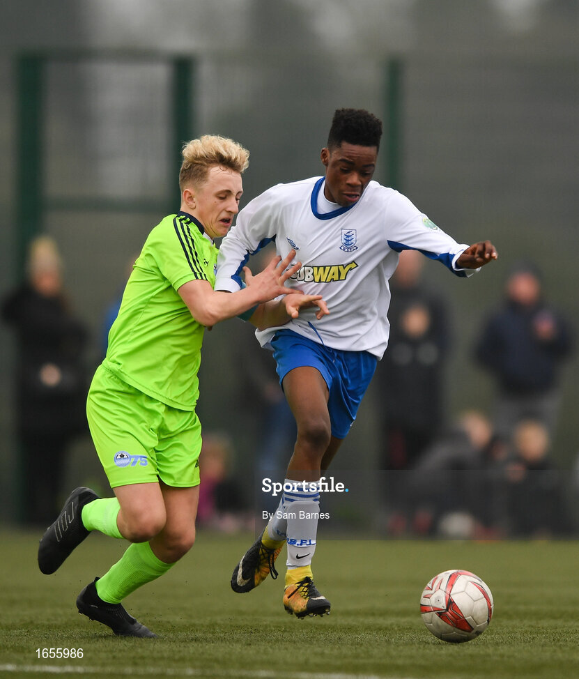 24 February 2019; Anthony Adenopo of Waterford SL in action against Sam Curtis of DDSL during the U15 SFAI SUBWAY Championship Final match between DDSL and Waterford SL at Mullingar Athletic FC in Gainestown, Mullingar, Co. Westmeath. Photo by Sam Barnes/Sportsfile