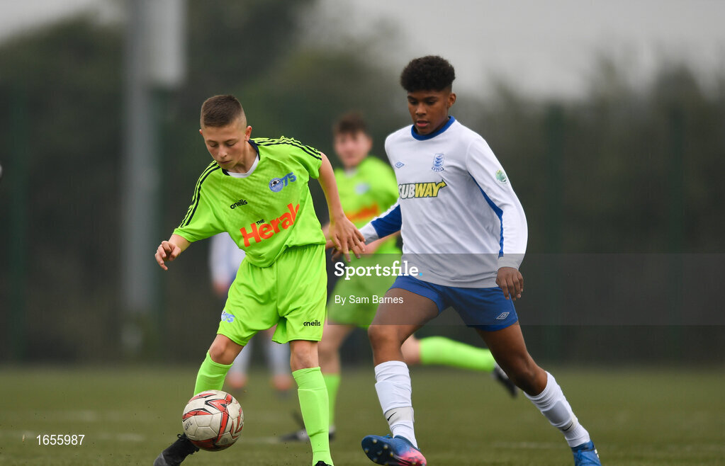 24 February 2019; Cian Barrett of DDSL in action against Tony Ebonuaye of Waterford SL during the U15 SFAI SUBWAY Championship Final match between DDSL and Waterford SL at Mullingar Athletic FC in Gainestown, Mullingar, Co. Westmeath. Photo by Sam Barnes/Sportsfile