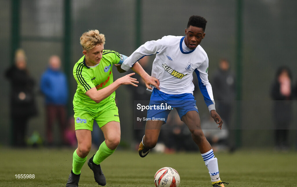 24 February 2019; Anthony Adenopo of Waterford SL in action against Sam Curtis of DDSL during the U15 SFAI SUBWAY Championship Final match between DDSL and Waterford SL at Mullingar Athletic FC in Gainestown, Mullingar, Co. Westmeath. Photo by Sam Barnes/Sportsfile
